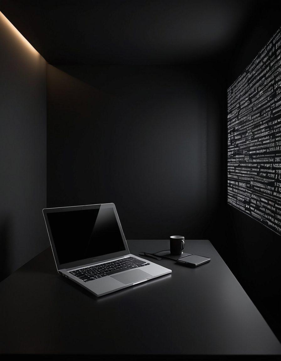 A sleek, minimalistic dark room with soft ambient lighting, showcasing a variety of discreet communication gadgets like a hidden microphone, undercover smartphone, and encrypted laptop. The atmosphere should evoke a sense of secrecy and safety, with shadows creating an enigmatic vibe. Include subtle hints of technology, like binary code in the background. super-realistic. dark tones. subtle glow.
