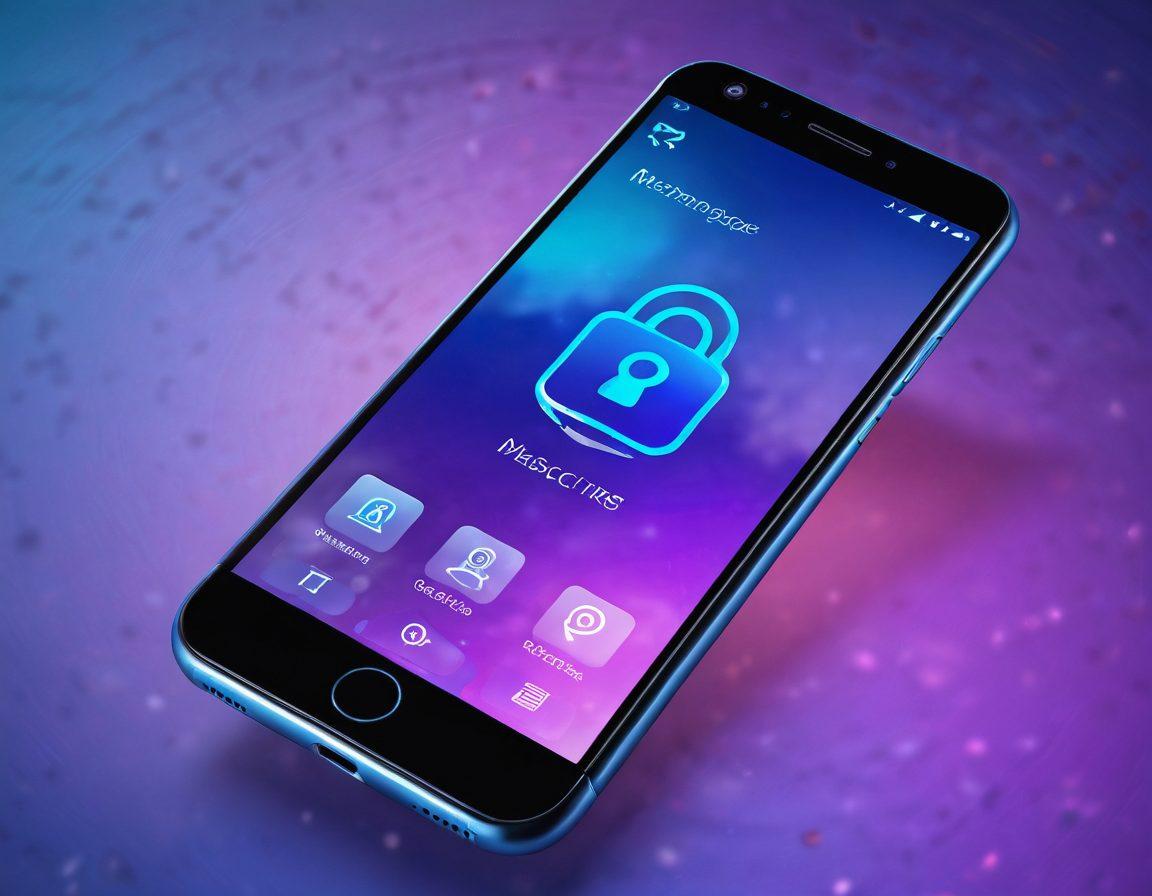A sleek, modern smartphone displaying a secure messaging app with a lock icon, surrounded by a soft, private atmosphere of blurred silhouettes. Incorporate elements like encrypted data streams and a discreet chat interface. Highlight a subtle glow emanating from the phone, symbolizing privacy and security. Emphasize a calming color palette of blues and purples for trust and sophistication. super-realistic. vibrant colors. soft focus.