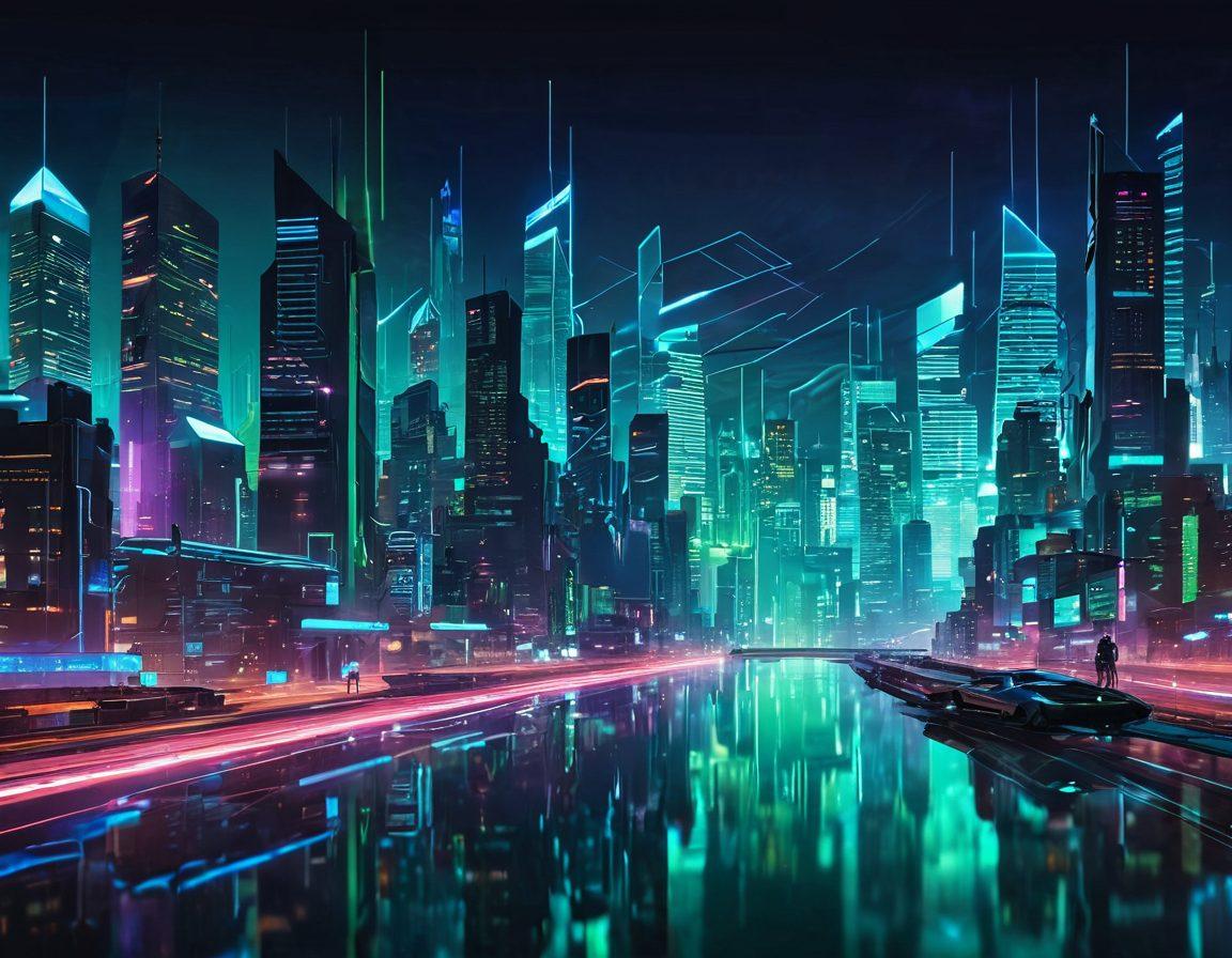 An abstract depiction of a futuristic digital landscape, featuring sleek, encrypted email icons floating above a vibrant city skyline. Include subtle hints of secrecy with shadowy figures peering into glowing screens and data streams flowing like rivers. Use a color palette of deep blues and neon greens to convey a sense of mystery and confidentiality. The overall composition should have a cyberpunk aesthetic, blending technology with an urban vibe. cyberpunk. vibrant colors.